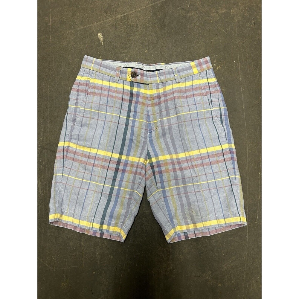 Brooks Brothers Shorts Blue Plaid Mens W30 Baird McNutt Irish Linen Cotton Blend